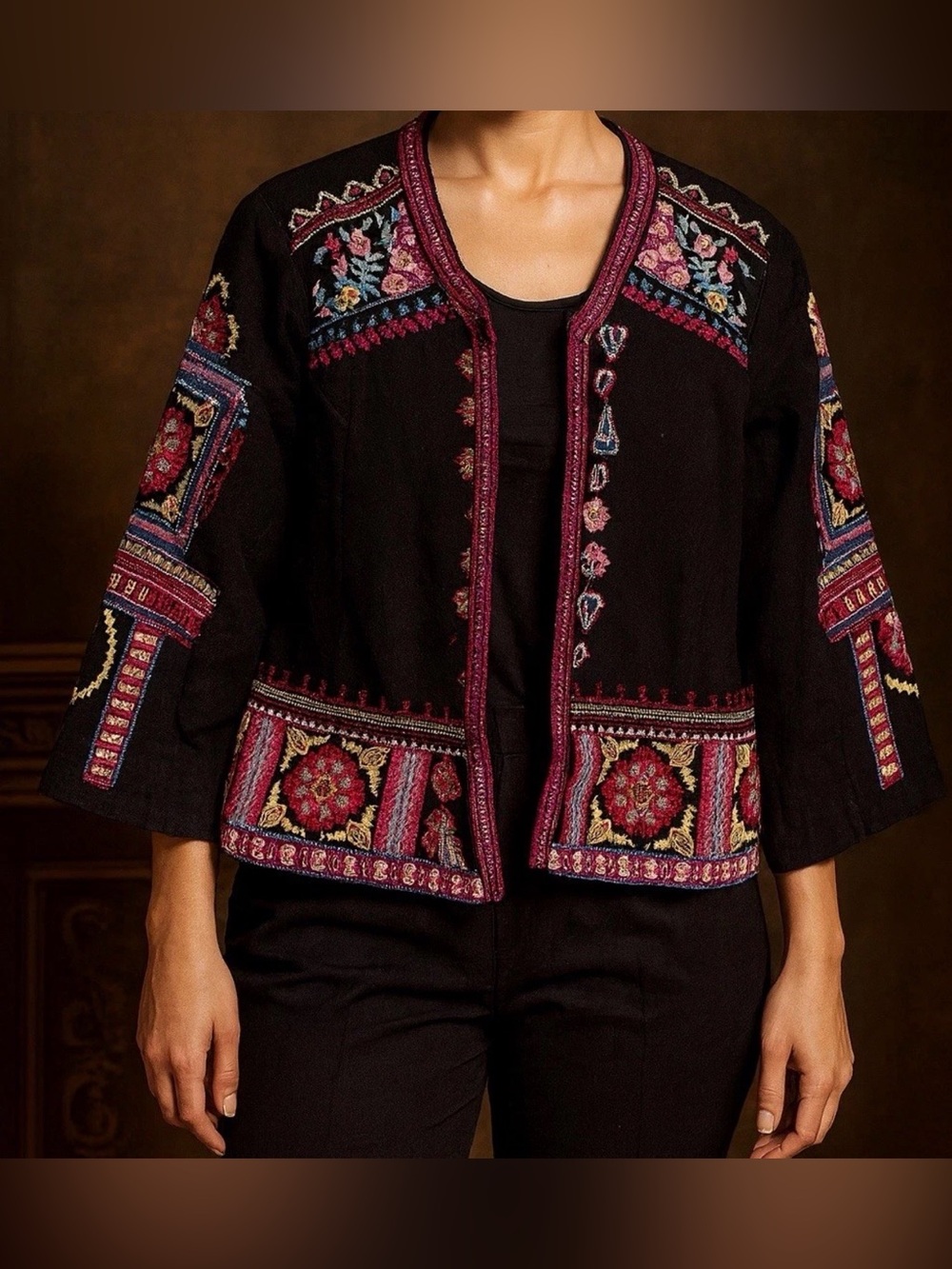 Anthropologie Black Embroidered Jacket Boho Global Artsy, 2X